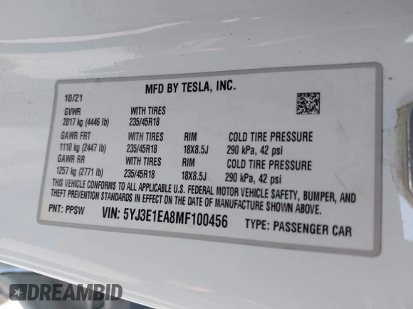2021 Tesla Model 3 Standard Range Plus z VIN 5YJ3E1EA8MF100456, wystawiony jako IAAI lot #42100840 z przebiegiem 64 389 mil mil oraz . Historia ofert i sprzedaży dostępna na DreamBid. Obrazek 9.