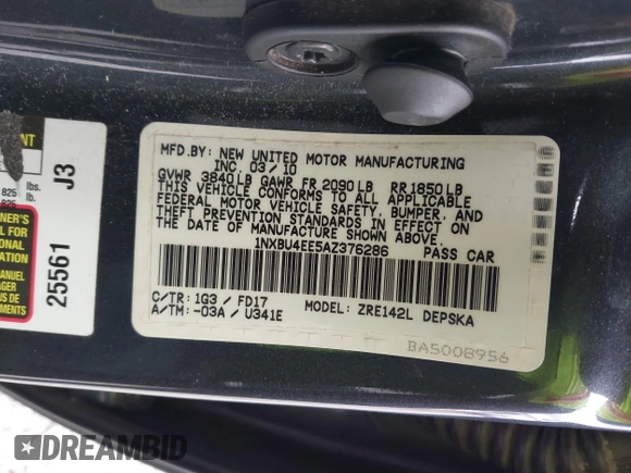 2010 Toyota Corolla with VIN 1NXBU4EE5AZ376286, listed as a IAAI auction lot 42262522 with 108,076 mi miles and . Bid and sale history available at DreamBid. Image 9.
