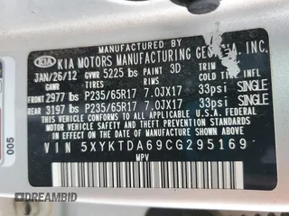2012 Kia Sorento LX with VIN 5XYKTDA69CG295169, listed as a Copart auction lot 49184155 with 139,684 mi miles and Salvage Title. Bid and sale history available at DreamBid. Image 13.
