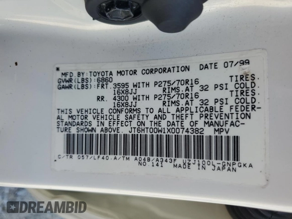 1999 Lexus LX 470 z VIN JT6HT00W1X0074382, wystawiony jako Copart lot #53612205 z przebiegiem 256 689 mil mil oraz Szkoda całkowita • Salvage title. Historia ofert i sprzedaży dostępna na DreamBid. Obrazek 14.