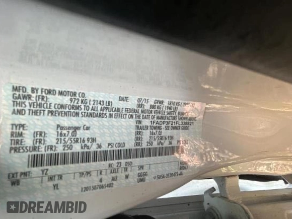 2015 Ford Focus SE with VIN 1FADP3F21FL338821, listed as a Copart auction lot 62089035 with 84,648 mi miles and Salvage title. Bid and sale history available at DreamBid. Image 10.