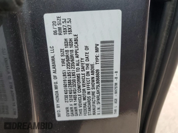 2020 Honda Odyssey EX-L with VIN 5FNRL6H75LB068609, listed as a Copart auction lot 52558295 with 59,841 mi miles and Salvage Title. Bid and sale history available at carsss.com. Image 14.