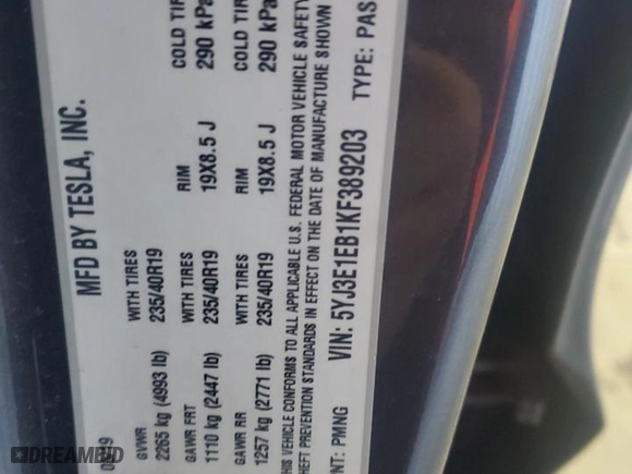 2019 Tesla Model 3 Long Range with VIN 5YJ3E1EB1KF389203, listed as a Copart auction lot 88483045 with 85,411 mi miles and Salvage Title. Bid and sale history available at carsss.com. Image 12.