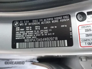 2004 BMW X3 2.5i with VIN WBXPA73454WB29718, listed as a IAAI auction lot 41203179 with 1 mi miles. Bid and sale history available at carsss.com. Image 9.