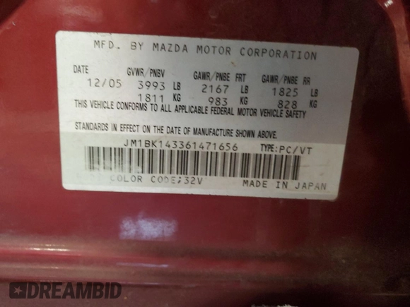 2006 Mazda 3 s with VIN JM1BK143361471656, listed as a Copart auction lot 85600244 with 205,054 mi miles and Salvage Title. Bid and sale history available at carsss.com. Image 12.
