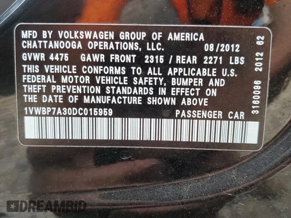 2013 Volkswagen Passat SE z VIN 1VWBP7A30DC015959, wystawiony jako Copart lot #50641475 z przebiegiem 166 693 mil mil oraz Szkoda całkowita • Salvage title. Historia ofert i sprzedaży dostępna na DreamBid. Obrazek 14.