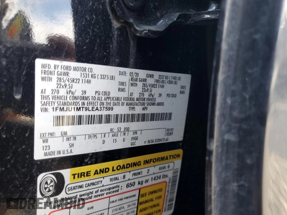 2020 Ford Expedition Platinum with VIN 1FMJU1MT9LEA37599, listed as a Copart auction lot 45430575 with 56,891 mi miles and Salvage Title. Bid and sale history available at carsss.com. Image 13.