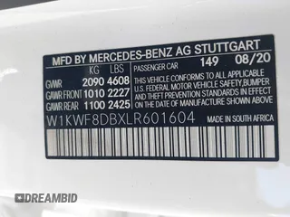 2020 Mercedes-Benz C 300 with VIN W1KWF8DBXLR601604, listed as a IAAI auction lot 42030386 with 56,165 mi miles and . Bid and sale history available at DreamBid. Image 9.