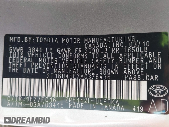 2010 Toyota Corolla with VIN 2T1BU4EE7AC376436, listed as a IAAI auction lot 42619626 with 81,805 mi miles and . Bid and sale history available at DreamBid. Image 9.