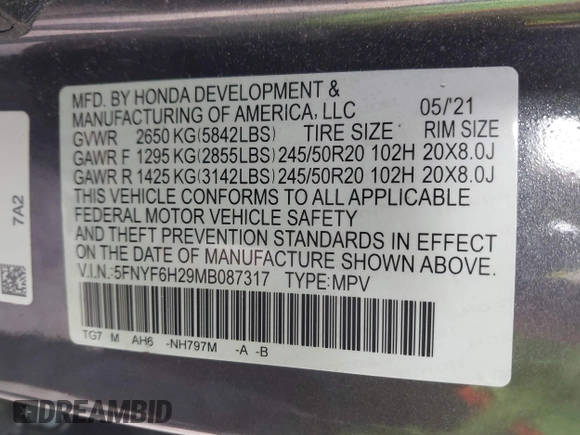 2021 Honda Pilot Special Edition with VIN 5FNYF6H29MB087317, listed as a IAAI auction lot 41696169 with 74,195 mi miles. Bid and sale history available at carsss.com. Image 9.