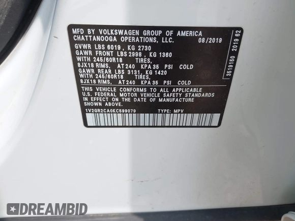 2019 Volkswagen Atlas S with VIN 1V2GR2CA0KC599079, listed as a IAAI auction lot 42062041 with 99,794 mi miles and . Bid and sale history available at DreamBid. Image 9.