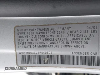 2003 Volkswagen Passat GL z VIN WVWMD63B23P440805, wystawiony jako IAAI lot #41545000 z przebiegiem 167 982 mil mil oraz . Historia ofert i sprzedaży dostępna na DreamBid. Obrazek 9.