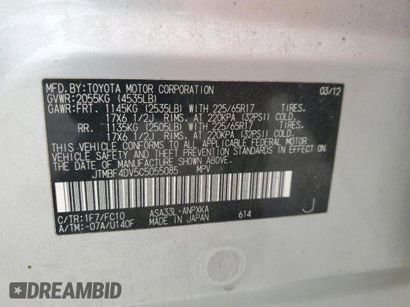 2012 Toyota RAV4 with VIN JTMBF4DV5C5055085, listed as a Copart auction lot 60895985 with 91,781 mi miles and Salvage title. Bid and sale history available at DreamBid. Image 14.