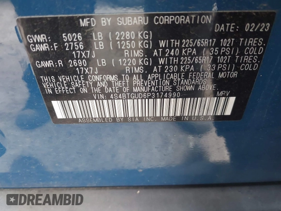 2023 Subaru Outback Wilderness with VIN 4S4BTGUD6P3174990, listed as a IAAI auction lot 41726816 with 15,317 mi miles and . Bid and sale history available at DreamBid. Image 9.