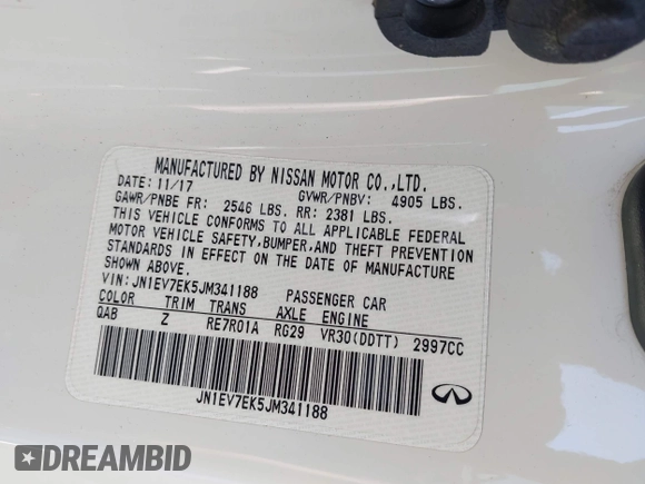 2018 Infiniti Q60 Sport with VIN JN1EV7EK5JM341188, listed as a IAAI auction lot 41990535 with 52,640 mi miles and . Bid and sale history available at DreamBid. Image 9.