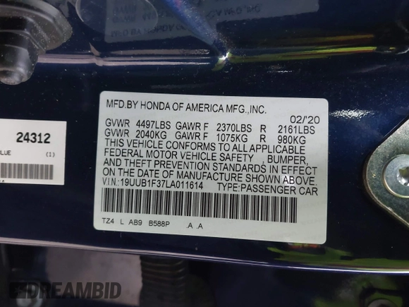 2020 Acura TLX with VIN 19UUB1F37LA011614, listed as a IAAI auction lot 41573392 with 66,575 mi miles. Bid and sale history available at carsss.com. Image 9.