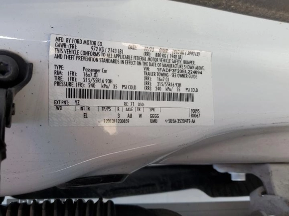 2014 Ford Focus SE with VIN 1FADP3F20EL224694, listed as a Copart auction lot 44388575 with 130,260 mi miles and Salvage Title. Bid and sale history available at carsss.com. Image 12.