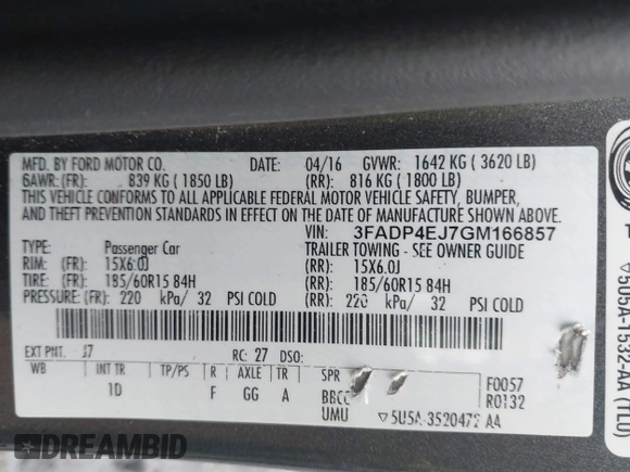 2016 Ford Fiesta SE with VIN 3FADP4EJ7GM166857, listed as a IAAI auction lot 38602273 with Not Provided miles and . Bid and sale history available at carsss.com. Image 9.
