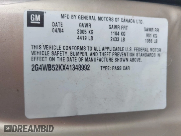2004 Buick Regal LS z VIN 2G4WB52KX41348992, wystawiony jako IAAI lot #42160201 z przebiegiem 110 079 mil mil oraz . Historia ofert i sprzedaży dostępna na DreamBid. Obrazek 9.