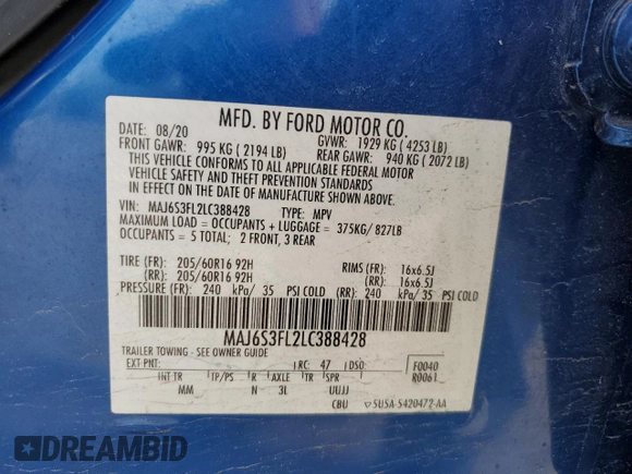 2020 Ford EcoSport S with VIN MAJ6S3FL2LC388428, listed as a Copart auction lot 46379035 with 71,025 mi miles and Salvage Title. Bid and sale history available at DreamBid. Image 15.