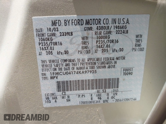 2004 Ford Escape Limited with VIN 1FMCU04174KA97935, listed as a IAAI auction lot 42314791 with 143,900 mi miles and . Bid and sale history available at DreamBid. Image 9.