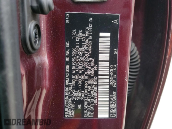 2008 Toyota Sequoia Limited with VIN 5TDZY68A88S010252, listed as a Copart auction lot 52701865 with 375,328 mi miles and Salvage Title. Bid and sale history available at DreamBid. Image 13.