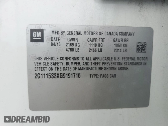 2016 Chevrolet Impala LT with VIN 2G1115S3XG9191716, listed as a Copart auction lot 52535215 with 64,305 mi miles and Salvage Title. Bid and sale history available at DreamBid. Image 12.