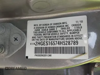2004 Honda Civic LX with VIN 2HGES16574H528789, listed as a IAAI auction lot 42146600 with 219,255 mi miles. Bid and sale history available at carsss.com. Image 9.