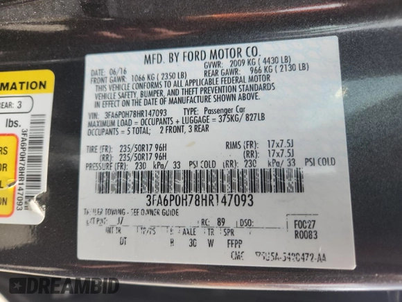 2017 Ford Fusion SE with VIN 3FA6P0H78HR147093, listed as a Copart auction lot 62538805 with 127,852 mi miles and Non repairable. Bid and sale history available at DreamBid. Image 12.