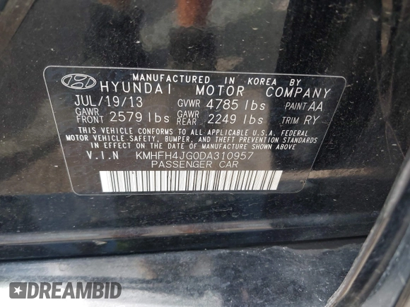 2013 Hyundai Azera z VIN KMHFH4JG0DA310957, wystawiony jako IAAI lot #42451780 z przebiegiem 82 827 mil mil oraz . Historia ofert i sprzedaży dostępna na DreamBid. Obrazek 9.