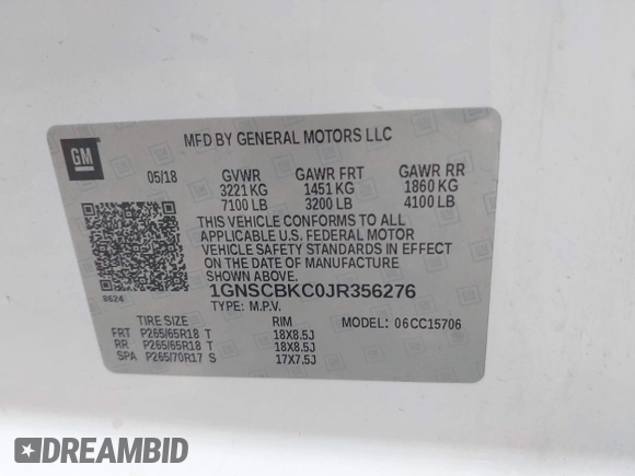 2018 Chevrolet Tahoe LT with VIN 1GNSCBKC0JR356276, listed as a IAAI auction lot 41961957 with 120,429 mi miles and . Bid and sale history available at DreamBid. Image 9.