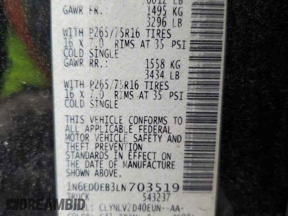 2020 Nissan Frontier SV z VIN 1N6ED0EB3LN703519, wystawiony jako Copart lot #58956035 z przebiegiem 49 954 mil mil oraz Szkoda całkowita • Salvage title. Historia ofert i sprzedaży dostępna na DreamBid. Obrazek 12.