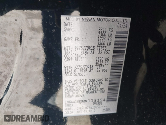 2024 Nissan Titan Pro-4X with VIN 1N6AA1ED9RN113154, listed as a IAAI auction lot 41352672 with 11,753 mi miles and . Bid and sale history available at DreamBid. Image 9.