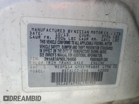2013 Nissan Sentra SR z VIN 3N1AB7AP9DL794950, wystawiony jako Copart lot #57862845 z przebiegiem Nie podano mil oraz Czysty tytuł • Clean title. Historia ofert i sprzedaży dostępna na DreamBid. Obrazek 12.