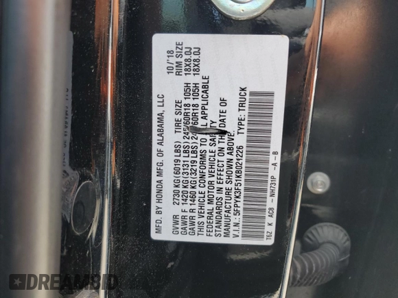 2019 Honda Ridgeline RTL with VIN 5FPYK3F51KB021226, listed as a Copart auction lot 59505175 with 79,010 mi miles and Salvage title. Bid and sale history available at DreamBid. Image 12.