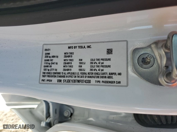 2021 Tesla Model 3 Long Range with VIN 5YJ3E1EB7MF074330, listed as a Copart auction lot 47049395 with 71,201 mi miles and Salvage Title. Bid and sale history available at carsss.com. Image 14.