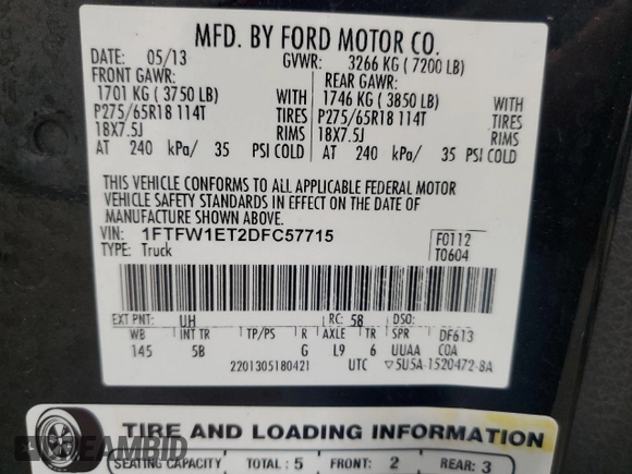 2013 Ford F-150 XL с VIN 1FTFW1ET2DFC57715, выставлен на аукционе Copart как лот 60750985 с пробегом 220 753 миль миль и Чистый • Clean title. История ставок и продаж доступна на DreamBid. Изображение 12.