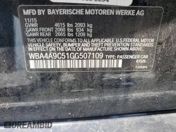 2016 BMW 4 Series 428i with VIN WBA4A9C51GG507109, listed as a Copart auction lot 61781215 with 126,940 mi miles and Salvage title. Bid and sale history available at DreamBid. Image 12.