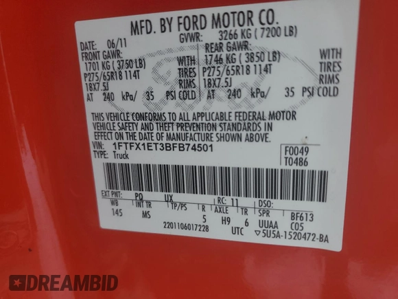 2011 Ford F-150 XL with VIN 1FTFX1ET3BFB74501, listed as a Copart auction lot 87946535 with 165,680 mi miles and Non Repairable. Bid and sale history available at DreamBid. Image 12.
