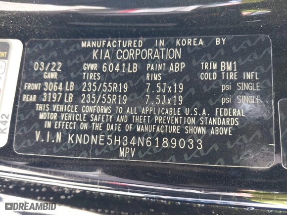 2022 Kia Carnival SX with VIN KNDNE5H34N6189033, listed as a IAAI auction lot 41646273 with 28,239 mi miles. Bid and sale history available at carsss.com. Image 9.