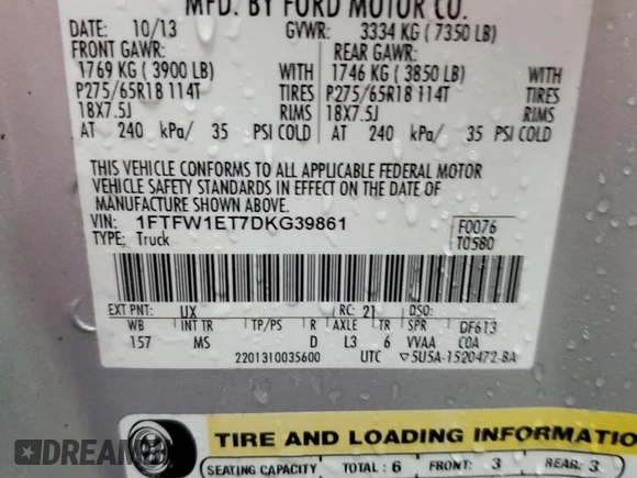 2013 Ford F-150 XL with VIN 1FTFW1ET7DKG39861, listed as a Copart auction lot 62772585 with 117,567 mi miles and Salvage title. Bid and sale history available at DreamBid. Image 12.