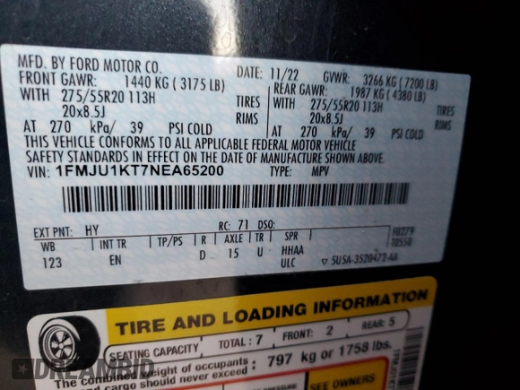 2022 Ford Expedition Limited with VIN 1FMJU1KT7NEA65200, listed as a Copart auction lot 84189654 with 42,909 mi miles and Salvage Title. Bid and sale history available at carsss.com. Image 14.