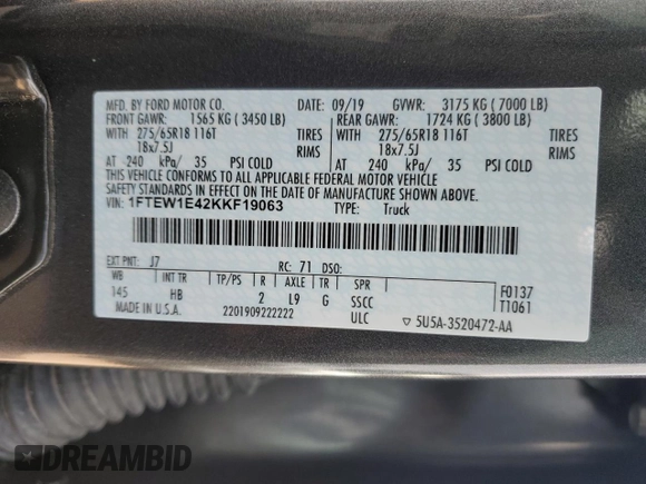 2019 Ford F-150 XL with VIN 1FTEW1E42KKF19063, listed as a Copart auction lot 51269325 with 69,362 mi miles and Salvage Title. Bid and sale history available at carsss.com. Image 12.