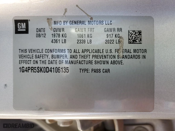 2013 Buick Verano Convenience Group with VIN 1G4PR5SK0D4106135, listed as a Copart auction lot 47429715 with 219,513 mi miles and Salvage Title. Bid and sale history available at carsss.com. Image 12.