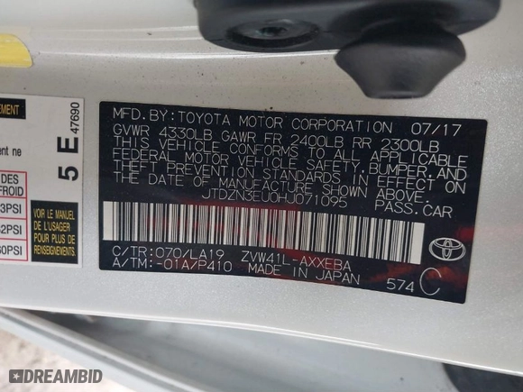 2017 Toyota Prius v Two with VIN JTDZN3EU0HJ071095, listed as a IAAI auction lot 41567524 with 46,892 mi miles. Bid and sale history available at carsss.com. Image 9.