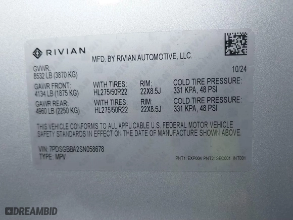 2025 Rivian R1S Adventure with VIN 7PDSGBBA2SN058678, listed as a IAAI auction lot 41429201 with 2,322 mi miles. Bid and sale history available at carsss.com. Image 9.