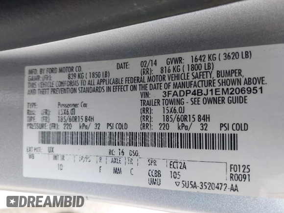 2014 Ford Fiesta SE with VIN 3FADP4BJ1EM206951, listed as a IAAI auction lot 42059193 with 174,950 mi miles. Bid and sale history available at carsss.com. Image 9.