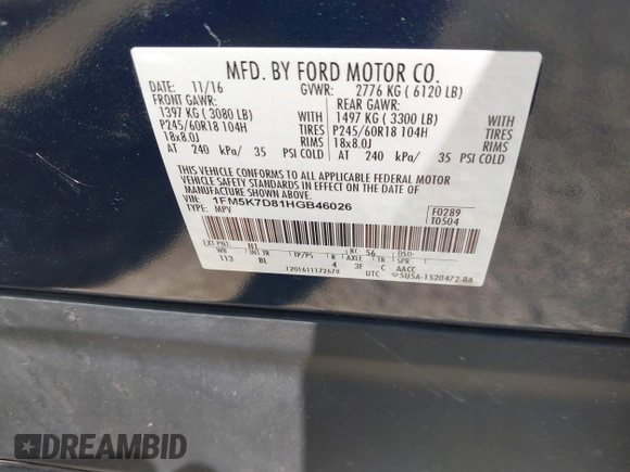 2017 Ford Explorer XLT with VIN 1FM5K7D81HGB46026, listed as a IAAI auction lot 42110631 with 78,213 mi miles and . Bid and sale history available at DreamBid. Image 9.