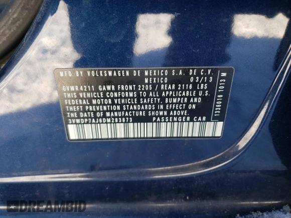 2013 Volkswagen Jetta SE with VIN 3VWDP7AJ6DM283873, listed as a Copart auction lot 87874885 with 195,283 mi miles and Clean title. Bid and sale history available at DreamBid. Image 12.
