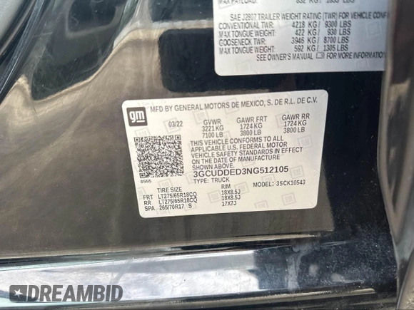 2022 Chevrolet Silverado 1500 LT with VIN 3GCUDDED3NG512105, listed as a IAAI auction lot 42220869 with 167,013 mi miles and . Bid and sale history available at DreamBid. Image 9.